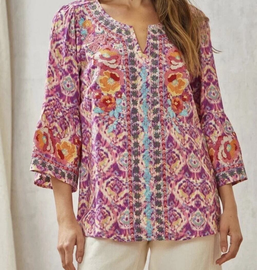 Savanna Jane boho Floral Embroidered Tunic Top festival western party Size Small